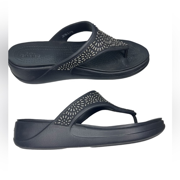 Crocs Sandals Women’s size 11 Monterey Diamante Black Embellished Thong Wedge - Picture 6 of 6